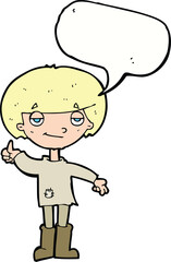 cartoon boy in poor clothing giving thumbs up symbol with speech bubble