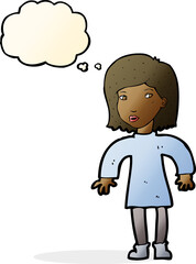 cartoon cautious woman with thought bubble