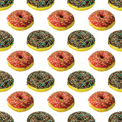 Donuts covered with chocolate and sprinkles on a white background as a pattern
