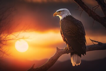 A Bald Eagle Sitting On A Tree Branch At Susnet Generative AI
