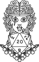 elf barbarian character with natural twenty dice roll illustration