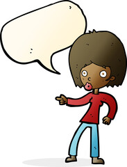 cartoon woman pointing with speech bubble
