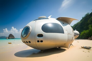 Fototapeta na wymiar spaceship on beach created using AI Generative Technology