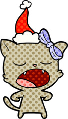 comic book style illustration of a yawning cat wearing santa hat