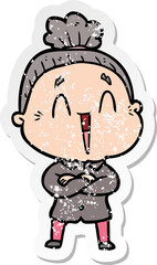 distressed sticker of a cartoon happy old lady
