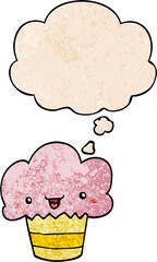 cartoon cupcake with face and thought bubble in grunge texture pattern style