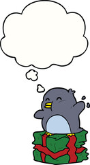 cartoon penguin on present and thought bubble