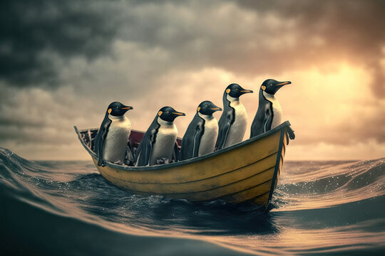 Climate change refugee concept, group of penguins in a boat at sea. Generative AI illustration