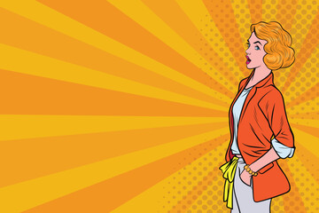 Woman puts hands in trouser pockets, empty space, vintage style, pop art comic