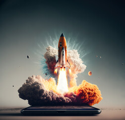 Mobile business take off concept with rocket flying off mobile phone screen. Generative AI illustration