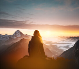 Young blond woman looking at the sunset from mountain top, Generative AI illustration
