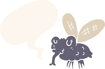 cartoon fly and speech bubble in retro style