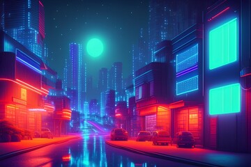 Street and small buildings with neon lights. Beautiful night city view - generative ai