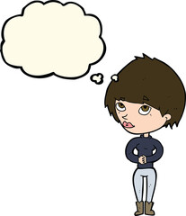 cartoon woman considering with thought bubble