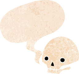 cartoon spooky skull and speech bubble in retro textured style