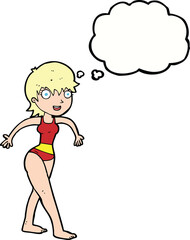 cartoon happy woman in swimming costume with thought bubble