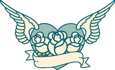 tattoo style icon of a flying heart with flowers and banner