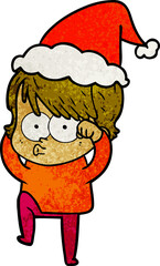 textured cartoon of a woman wearing santa hat