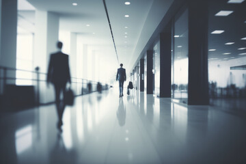 Fototapeta premium businessman walking in a long corridor with tile and concrete walls. The light is shining in the end. Cityscape foreground. 3d rendering mock up toned image double exposure Generative AI