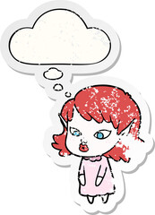 cartoon elf girl with pointy ears and thought bubble as a distressed worn sticker