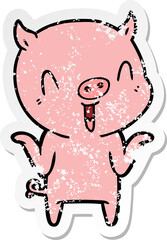 distressed sticker of a happy cartoon pig