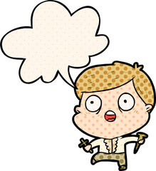 cartoon frightened man hunting halloween vampires and speech bubble in comic book style