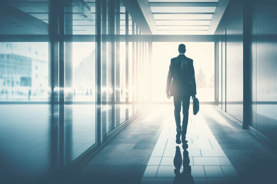 businessman walking in a long corridor with tile and concrete walls. The light is shining in the end. Cityscape foreground. 3d rendering mock up toned image double exposure Generative AI