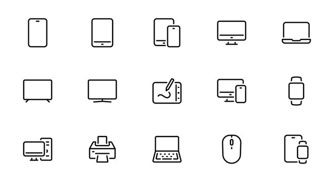 Electronic devices and gadgets related pixel perfect outline icons set vector illustration.