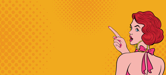 Shocked beautiful young woman pointing hand at something in retro pop art comic style. Color dots.