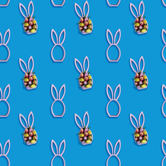 Creative seamless pattern with easter bunny figurine on blue background, easter minimal concept