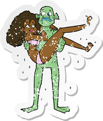 retro distressed sticker of a cartoon swamp monster carrying woman in bikini