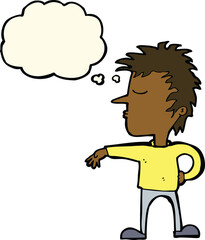 cartoon man making camp gesture with thought bubble