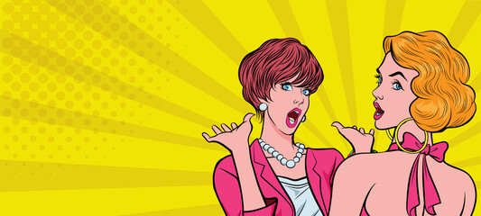 Shocked woman whispering gossip or secret to friend, vintage cartoon style, Vector illustration