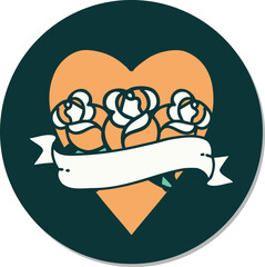 tattoo style sticker of a heart and banner with flowers