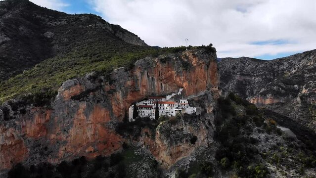4K drone footage over Elonas Monastery in the mountains of Peloponesus, Leonidio, Greece.
Mid angle, parallax movement.