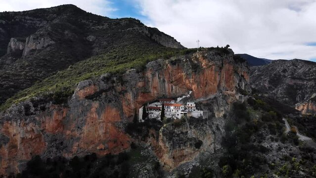 4K drone footage over Elonas Monastery in the mountains of Peloponesus, Leonidio, Greece.
Mid angle, parallax movement.