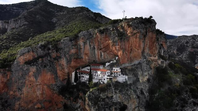 4K drone footage over Elonas Monastery in the mountains of Peloponesus, Leonidio, Greece.
Mid angle, traveling movement.