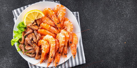 shrimps fresh prawns seafood plate healthy meal food snack on the table copy space food background rustic top view pescatarian diet