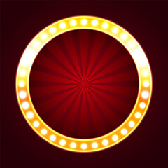Background for the casino. Round red blank background in a golden frame with yellow light bulbs. Vector illustration.