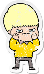 distressed sticker of a annoyed cartoon boy
