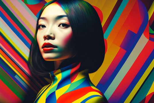 Fototapeta Generative ai optical art fashion portrait asian young woman posing looking camera
