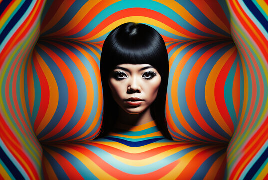 Fototapeta Generative ai optical art fashion portrait asian young woman posing looking camera