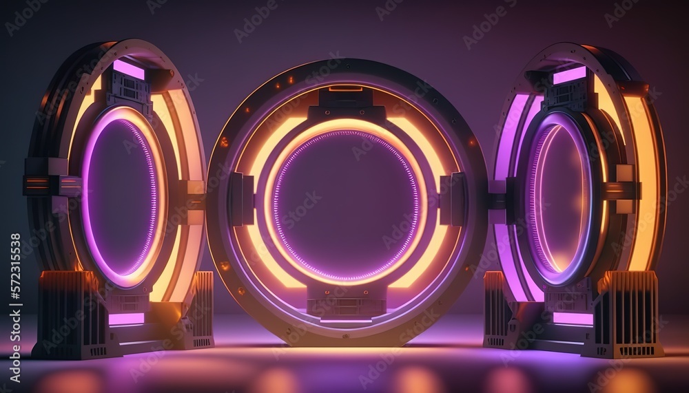 Poster futuristic portal. science fiction podium, pedestal, platform. modern empty cyberpunk space. technol