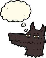 cartoon smug wolf face with thought bubble
