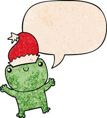 cute cartoon frog wearing christmas hat and speech bubble in retro texture style