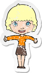 retro distressed sticker of a cartoon happy girl