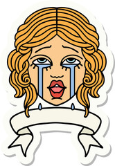 tattoo sticker with banner of a very happy crying female face