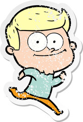 distressed sticker of a cartoon happy man