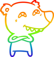 rainbow gradient line drawing cartoon bear showing teeth