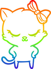 rainbow gradient line drawing cute cartoon cat with bow